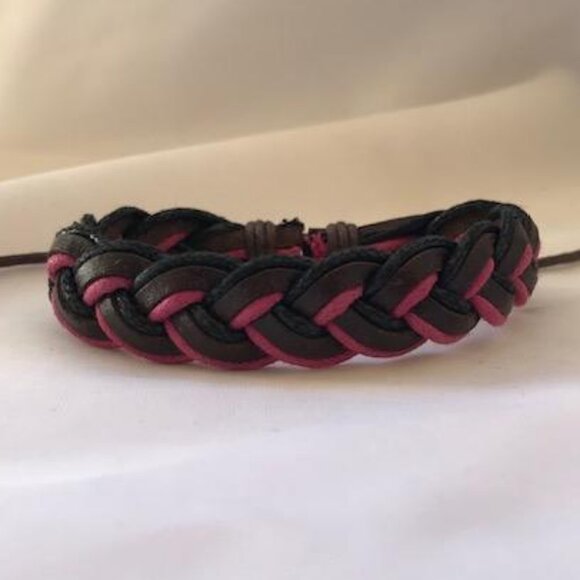 Pink Black & Brown Braided Leather Handmade Bracelet Adjustable Wristband - Picture 1 of 2